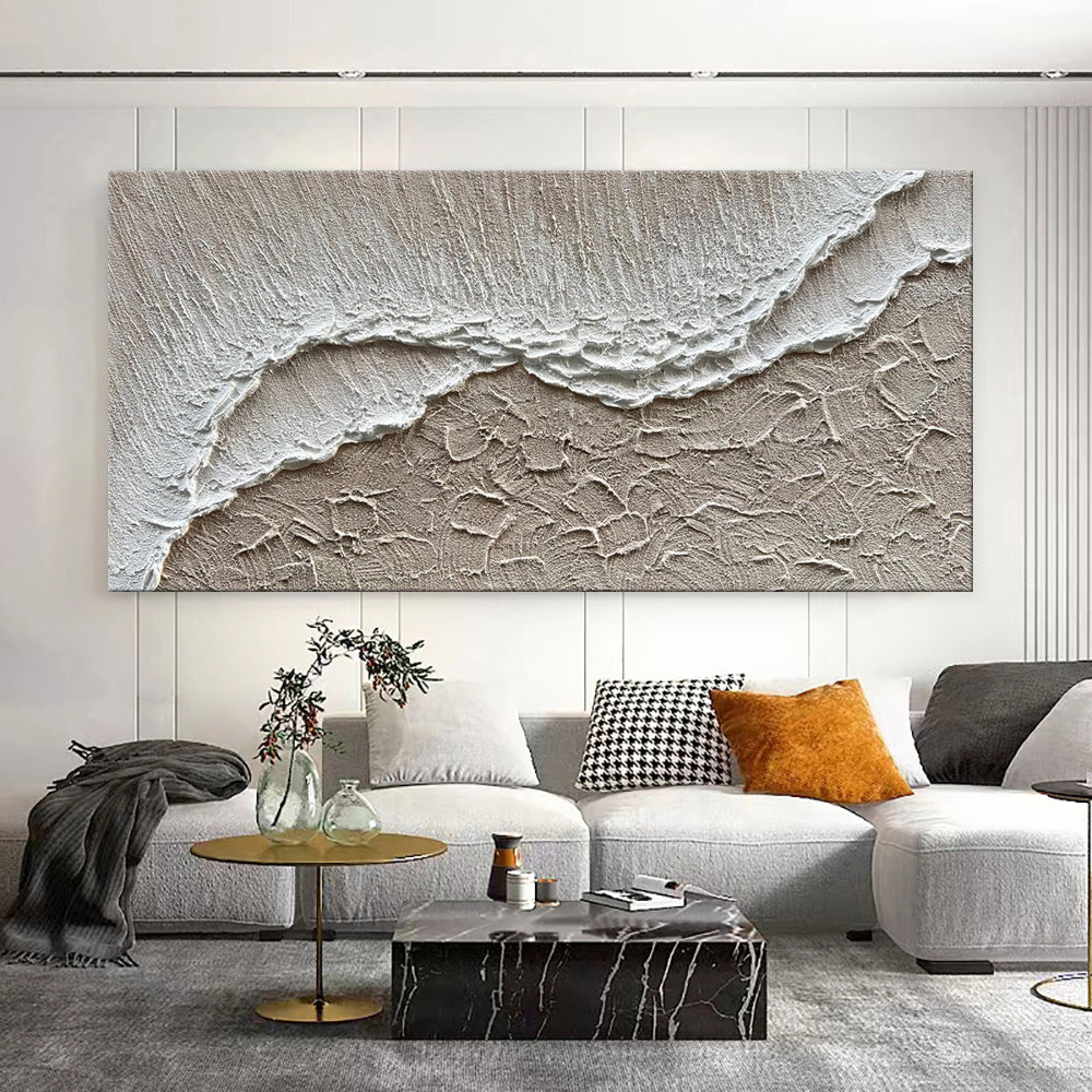 Ocean Wave Handmade Oil Painting – Textured White Sea & Sand Impasto Canvas, wall art, detail view, embracing wabi-sabi