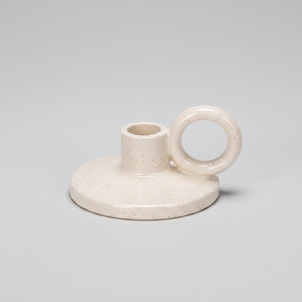 Raw Ceramic Taper Holder | Japandi Chamberstick & Disc Candle Holder, candle holders, alternate angle, for a serene modern
