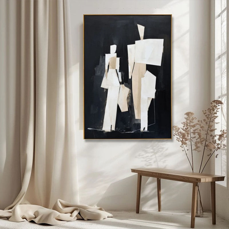 Two Souls – Noir Abstract Figurative Oil Painting | Black & White Vertical Canvas, wall art, detail view, embracing