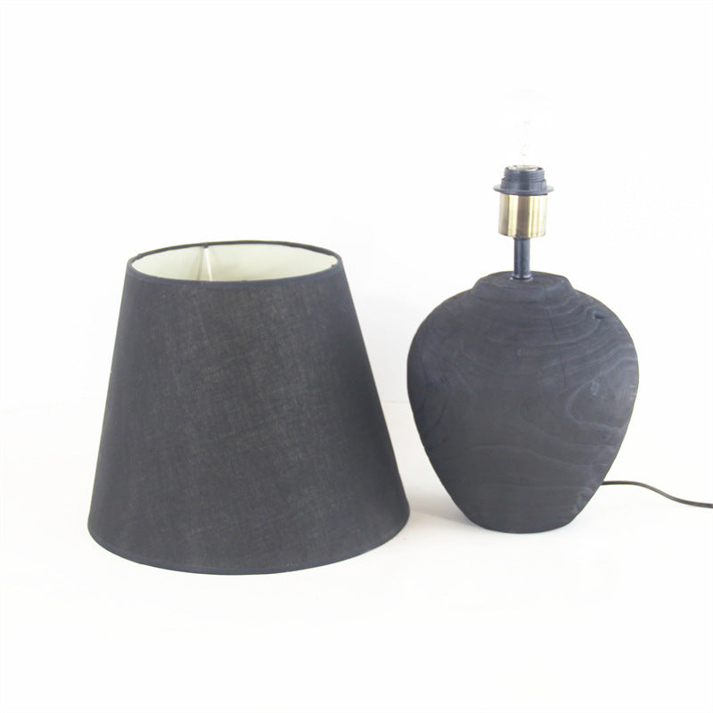 Matte Black Urn Table Lamp – Wabi-Sabi Linen Shade Bedside Light, night lights, detail view, embracing wabi-sabi natural