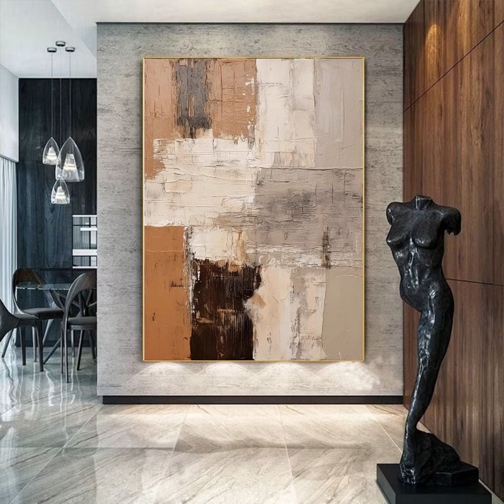 Large Vertical Abstract Impasto Oil Painting – Wabi-Sabi Terracotta & Cream Canvas, wall art, in a styled setting, in soft