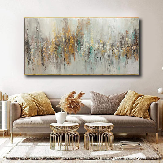 Large Handmade Abstract Oil Painting – Gold & Teal Impasto Textured Canvas, wall art, crafted in a warm Japandi minimalist