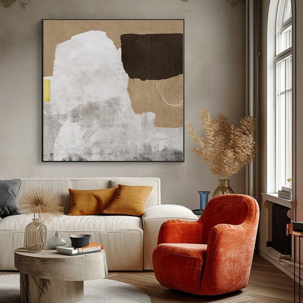 Square Handmade Abstract Oil Painting – Wabi-Sabi Neutral Impasto Canvas, wall art, in a styled setting, in soft neutral