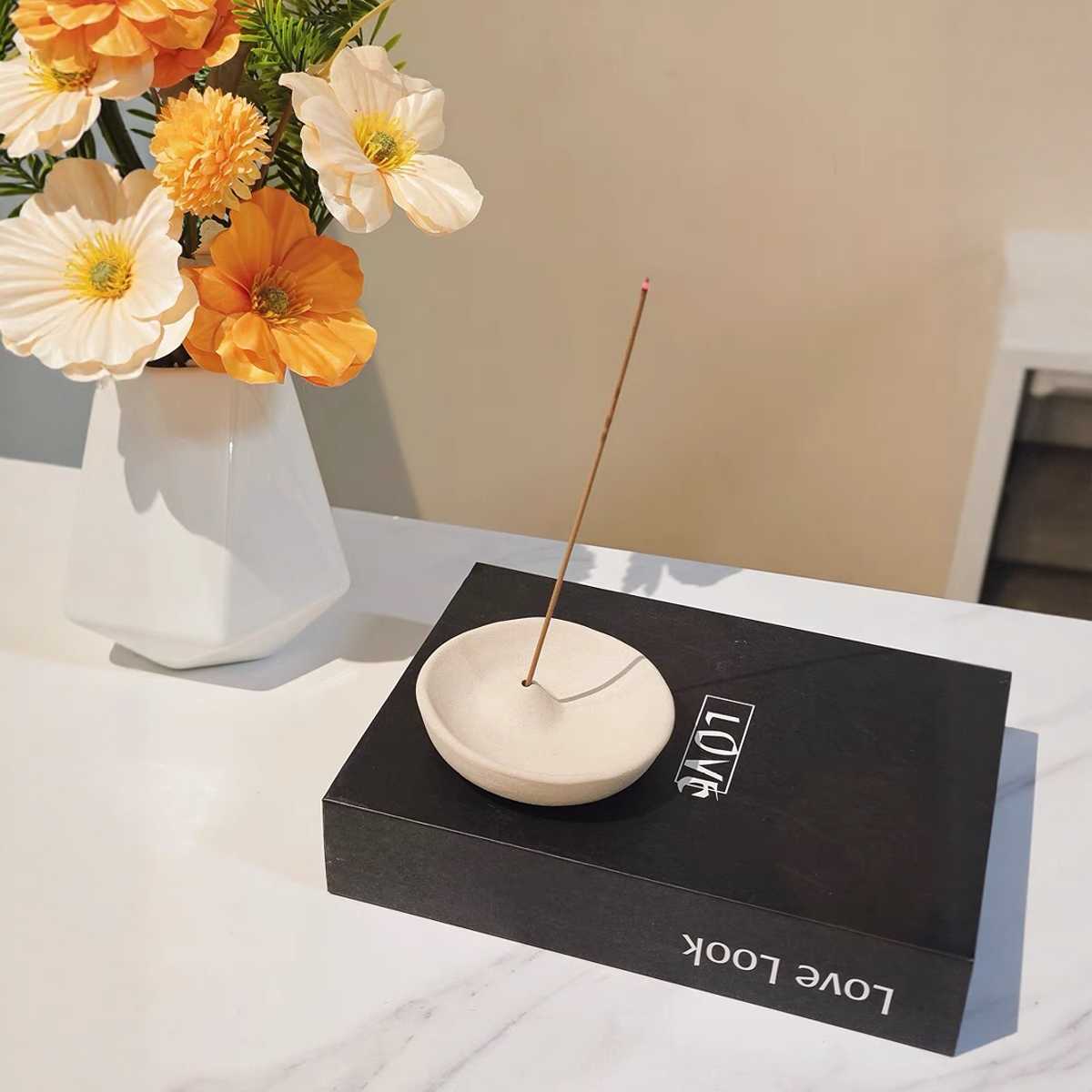 Round Ceramic Incense Bowl | Japandi Ritual Home Fragrance, incense burners, alternate angle, for a serene modern home