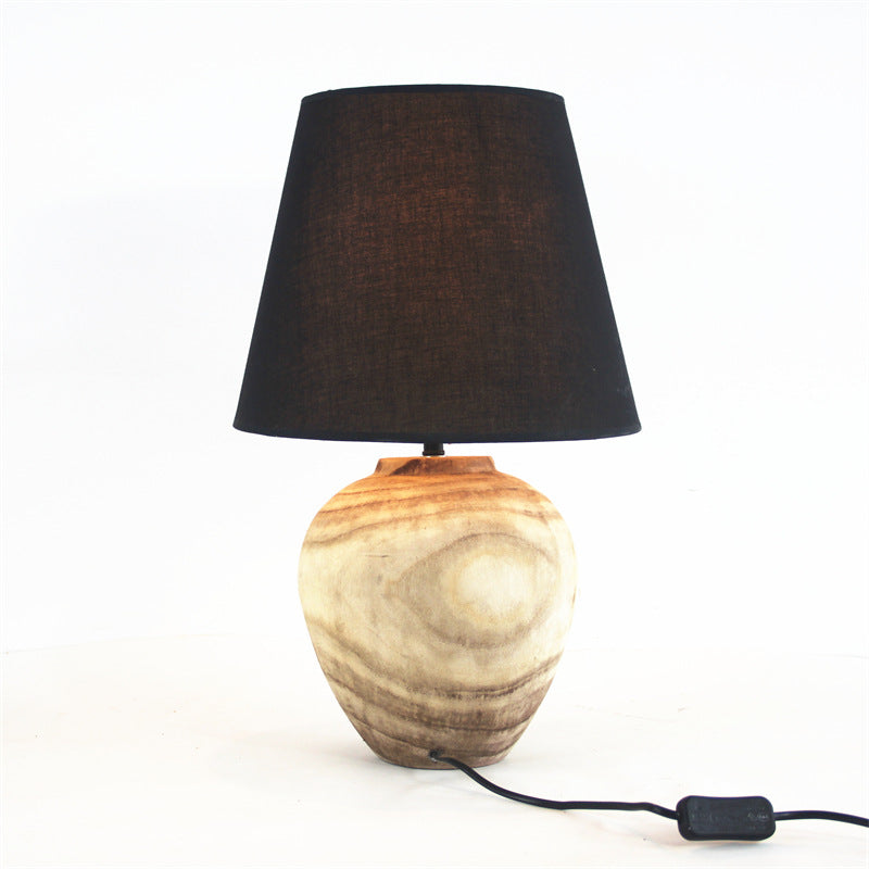 Matte Black Urn Table Lamp – Wabi-Sabi Linen Shade Bedside Light, night lights, front view, with calming Nordic simplicity