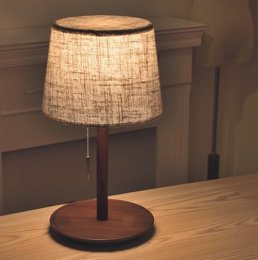 Walnut Wood Pull-Chain Table Lamp – Linen Shade Bedside Light, night lights, crafted in a warm Japandi minimalist style