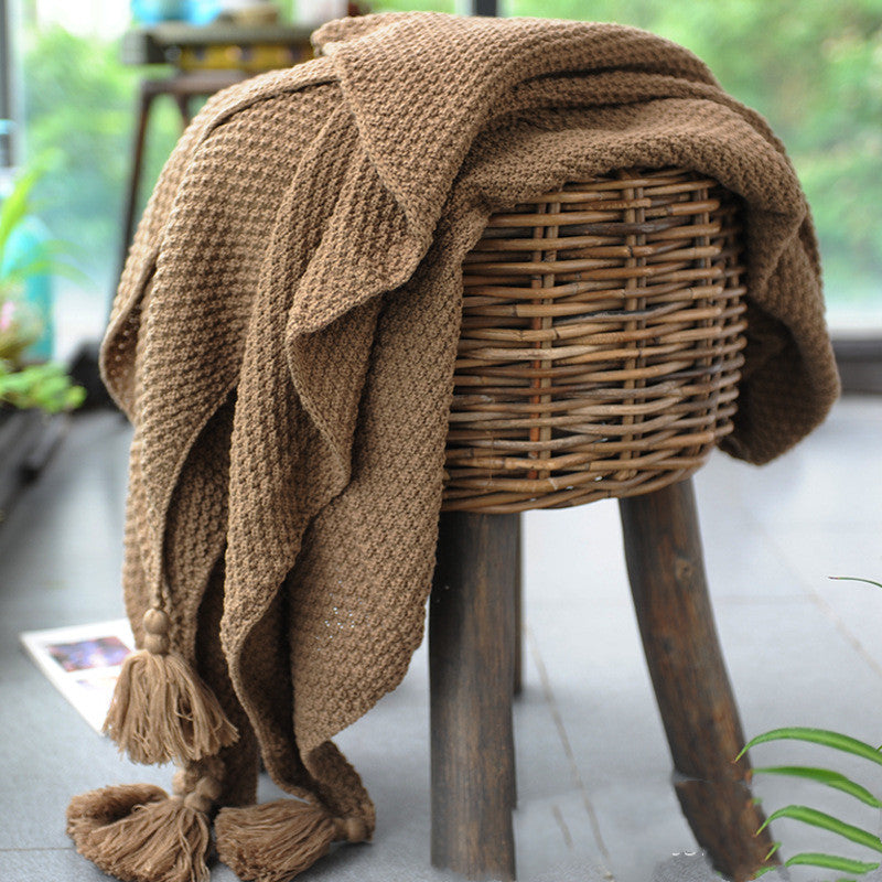 Waffle Knit Tassel Throw Blanket | Nordic Sofa & Bed Throw, blankets & throws, front view, with calming Nordic simplicity