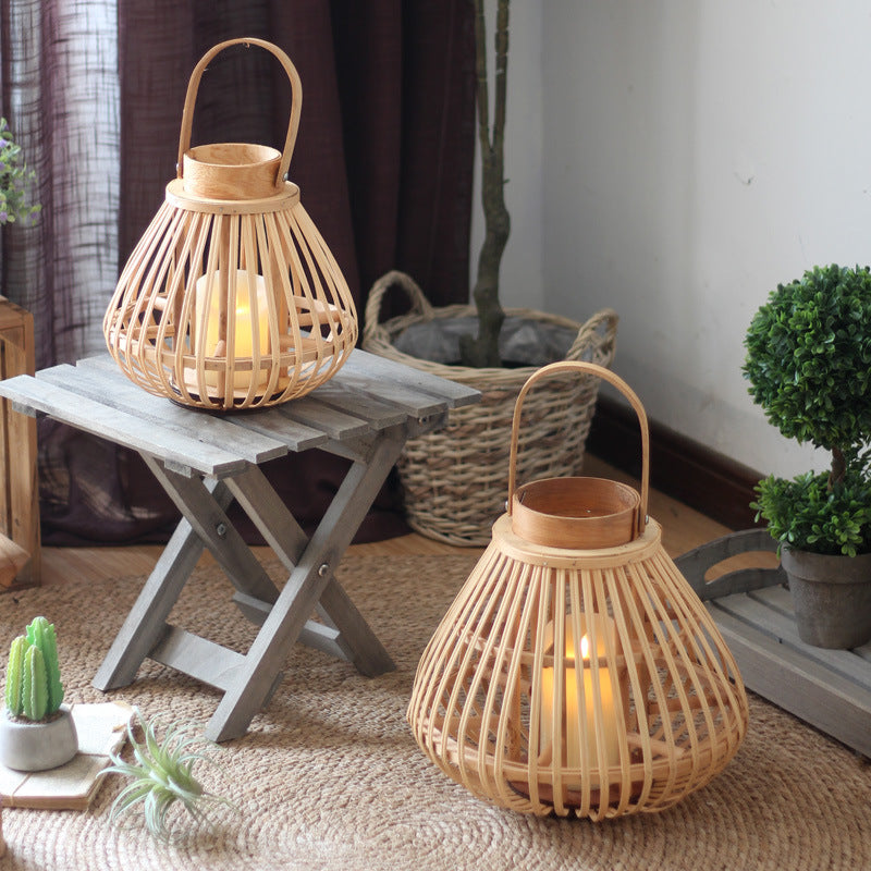 Handmade Bamboo Candle Lantern | Artisanal Japandi Woven Lantern, candle holders, front view, with calming Nordic simplicity