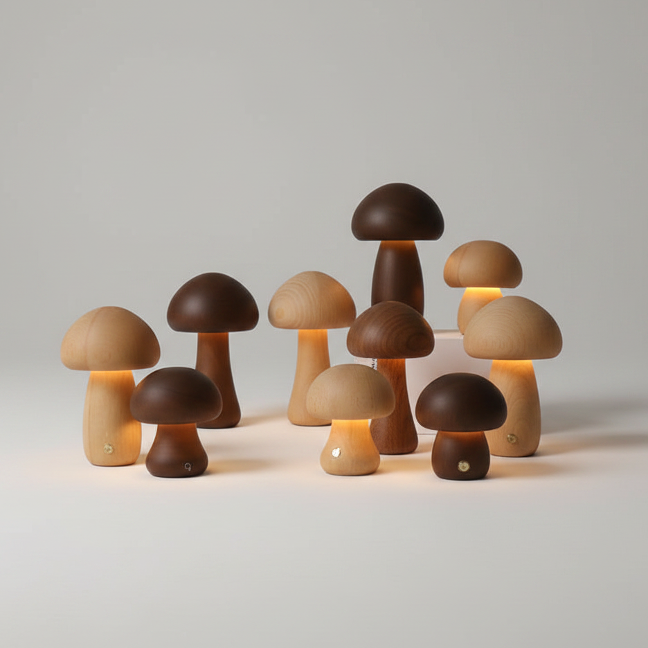 Wooden Mushroom LED Night Light with Touch Switch, night lights, crafted in a warm Japandi minimalist style