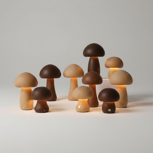 Wooden Mushroom LED Night Light with Touch Switch, night lights, crafted in a warm Japandi minimalist style