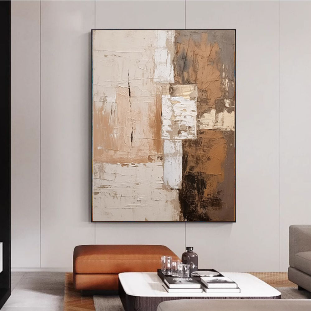 Large Vertical Abstract Impasto Oil Painting – Wabi-Sabi Terracotta & Cream Canvas, wall art, detail view, embracing