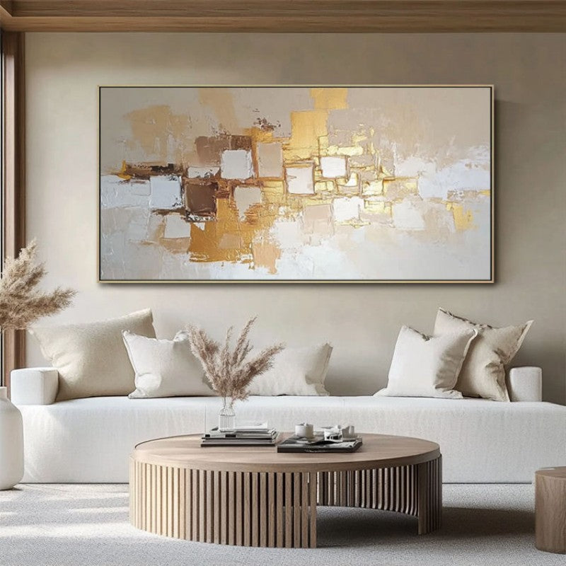Golden Mosaic Abstract Oil Painting – Luxury Gold & White Impasto Panoramic Canvas, wall art, detail view, embracing