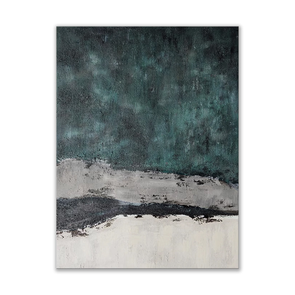 Deep Teal Abstract Impasto Oil Painting – Moody Green Wabi-Sabi Vertical Canvas, wall art, lifestyle view, blending