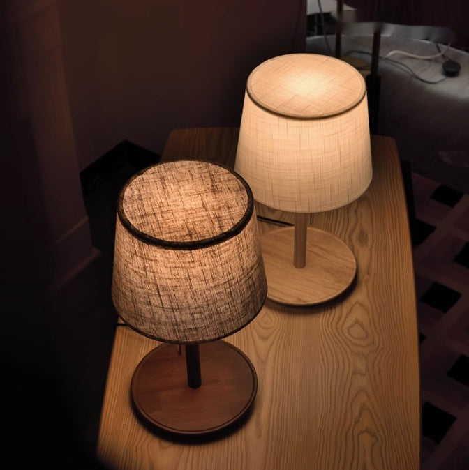 Walnut Wood Pull-Chain Table Lamp – Linen Shade Bedside Light, night lights, detail view, embracing wabi-sabi natural