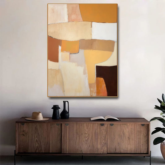 Warm Terracotta Geometric Abstract Oil Painting – Japandi Wabi-Sabi Vertical Canvas, wall art, crafted in a warm Japandi