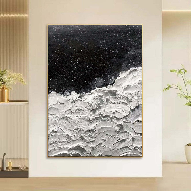 Oceans of Stars – Handmade Black & White Impasto Oil Painting with Gold Star Flecks, wall art, lifestyle view, blending