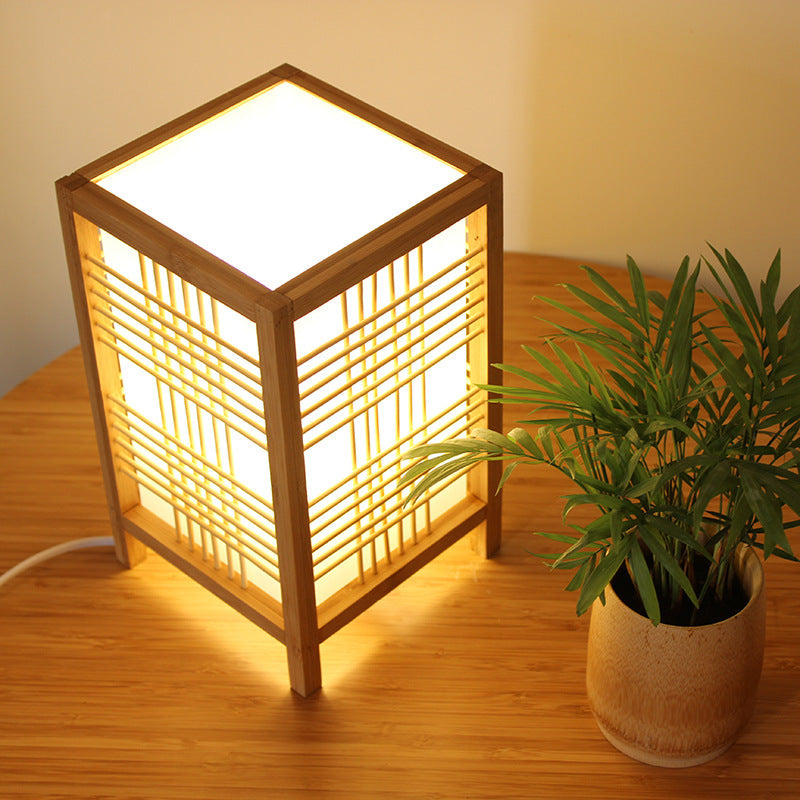 Handmade Bamboo Japanese Table Lamp – Artisan Bedside Light, night lights, front view, with calming Nordic simplicity