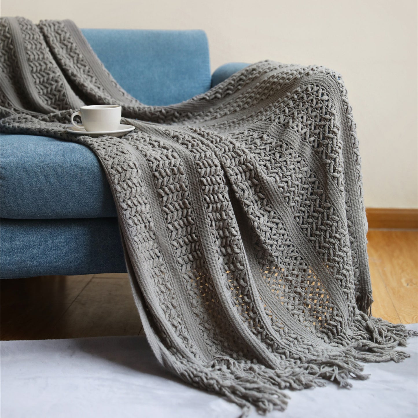 Tassel Knit Throw Blanket | Nordic Sofa & Bed Throw, blankets & throws, in a styled setting, in soft neutral organic tones