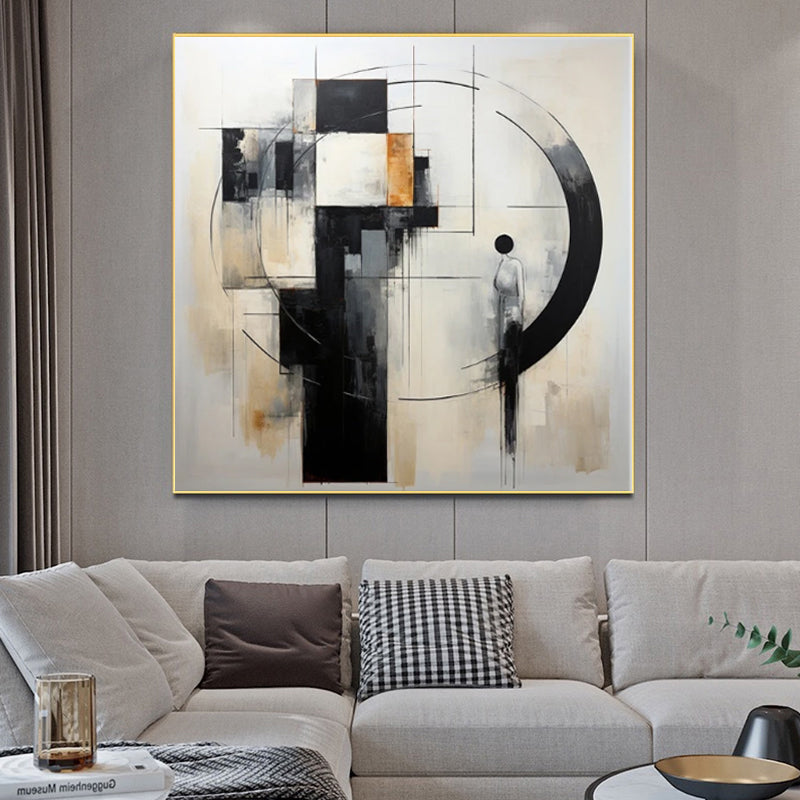 Bauhaus Geometric Abstract Oil Painting – Black, White & Gold Square Canvas, wall art, crafted in a warm Japandi minimalist