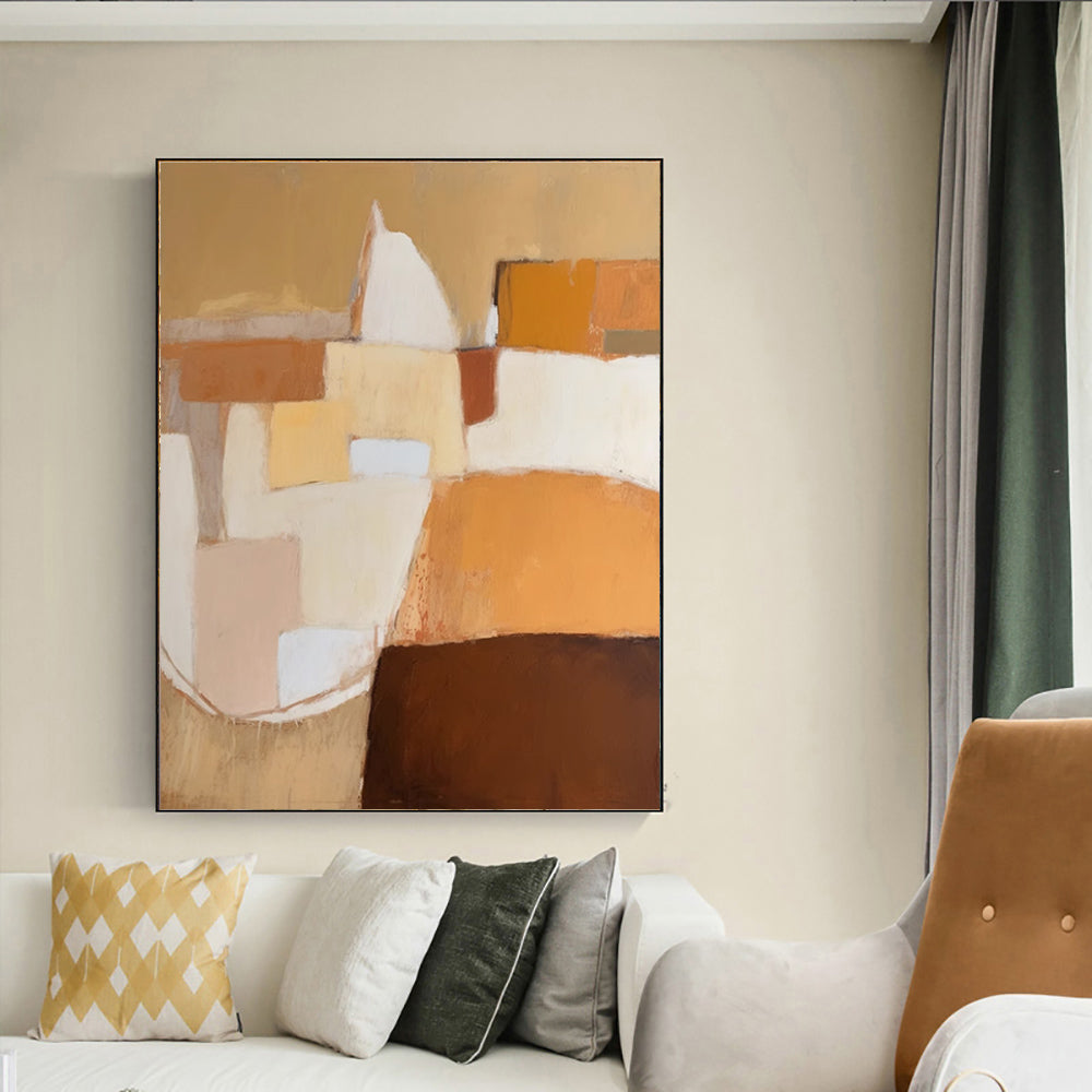 Warm Terracotta Geometric Abstract Oil Painting – Japandi Wabi-Sabi Vertical Canvas, wall art, in a styled setting, in soft