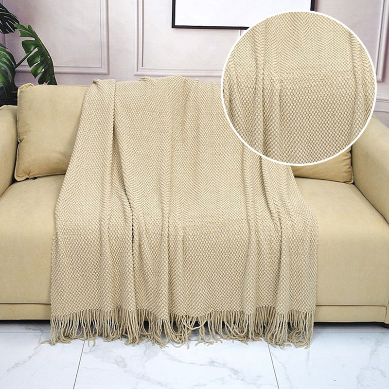 Tassel Fringe Knit Throw Blanket | Japandi Sofa & Bed Blanket, blankets & throws, front view, with calming Nordic simplicity