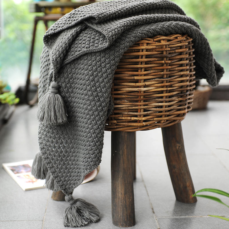 Waffle Knit Tassel Throw Blanket | Nordic Sofa & Bed Throw, blankets & throws, detail view, embracing wabi-sabi natural
