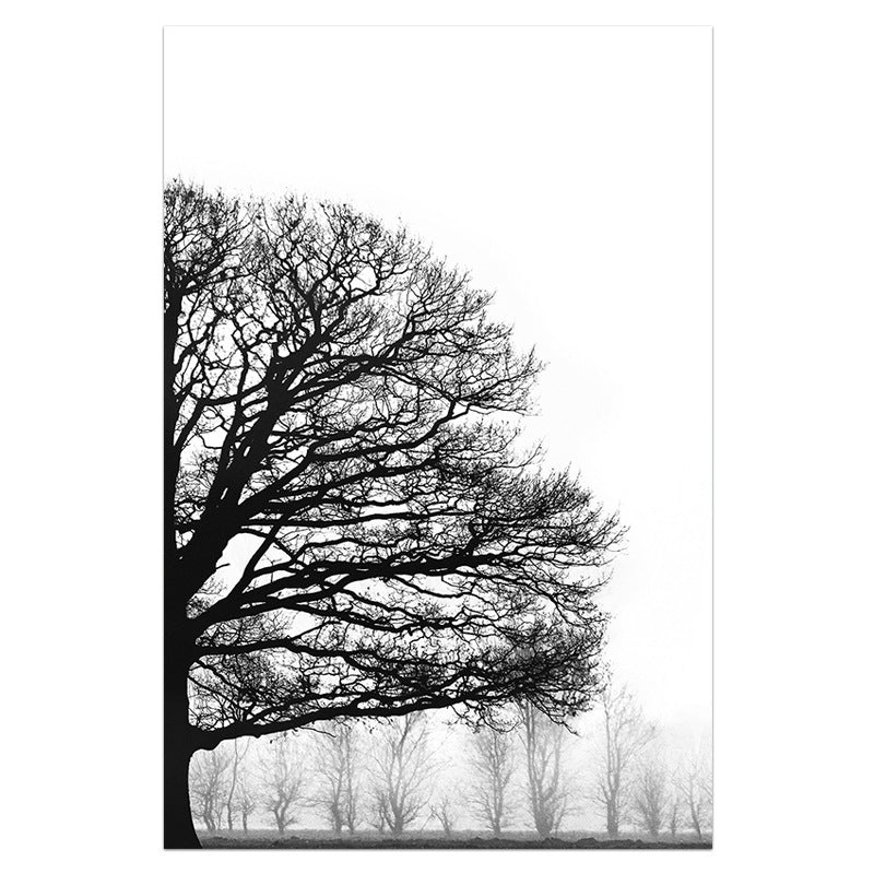 Winter Tree Diptych Canvas Print – Black & White Misty Forest Wall Art, in a styled setting, in soft neutral organic tones