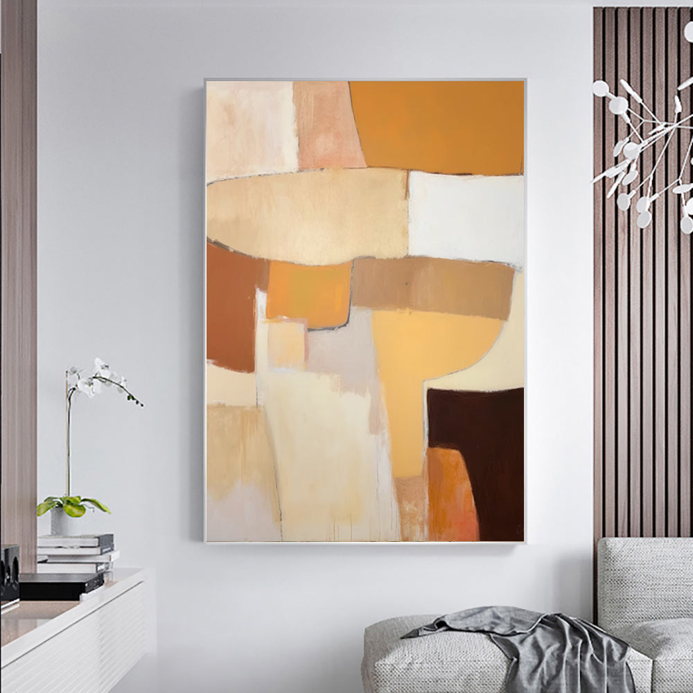 Warm Terracotta Geometric Abstract Oil Painting – Japandi Wabi-Sabi Vertical Canvas, wall art, detail view, embracing