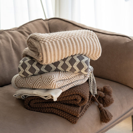 Multi-Pattern Knit Throw Blanket | Japandi Tassel Sofa Blanket, blankets & throws, crafted in a warm Japandi minimalist style