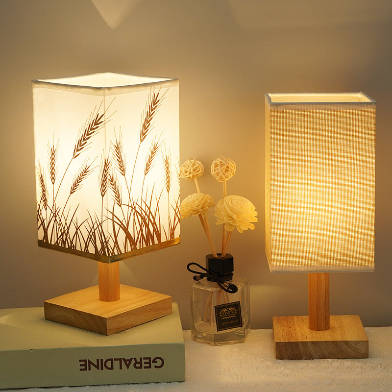 Rechargeable Bamboo Wood Bedside Lamp – Patterned Fabric Shade Night Light, night lights, crafted in a warm Japandi