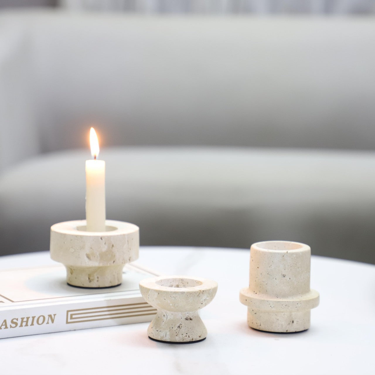 Travertine Stone Candle Holder | Japandi Natural Limestone Pillar Holder, candle holders, front view, with calming Nordic
