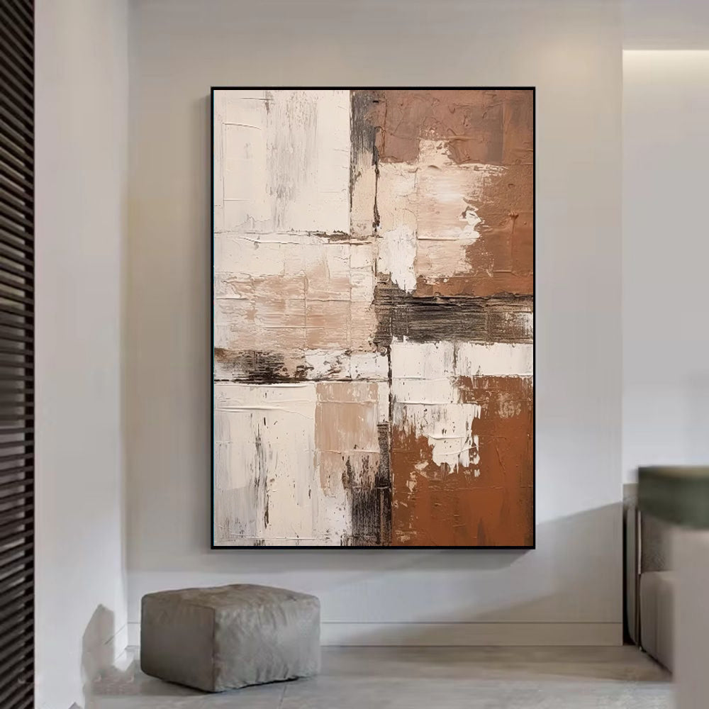 Large Vertical Abstract Impasto Oil Painting – Wabi-Sabi Terracotta & Cream Canvas, wall art, crafted in a warm Japandi
