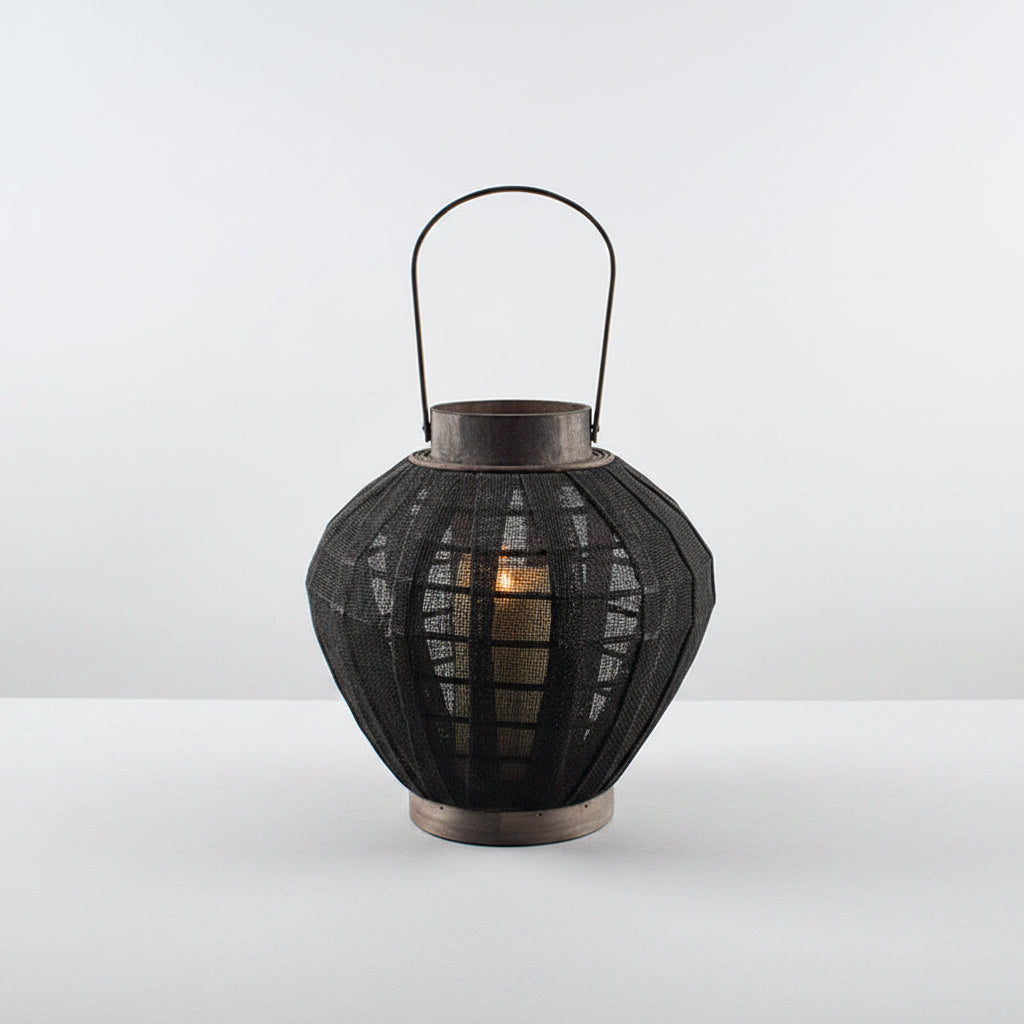 Woven Linen Lantern Candle Holder | Japandi Bamboo Floor Lantern, candle holders, alternate angle, for a serene modern home