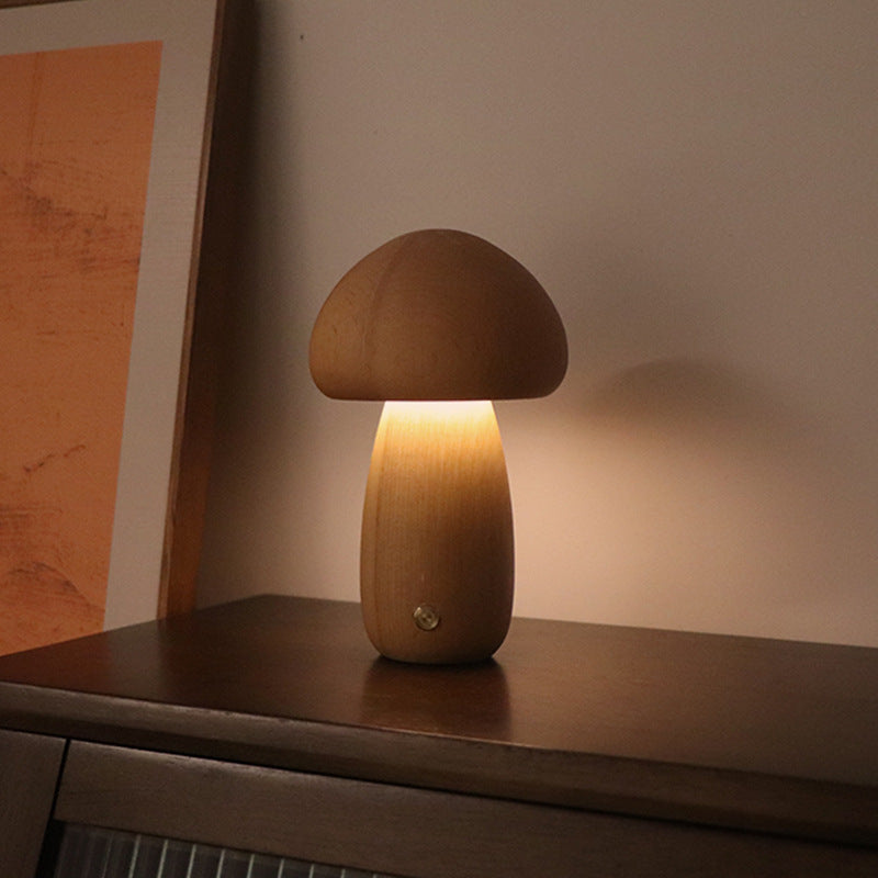 Wooden Mushroom LED Night Light with Touch Switch, night lights, front view, with calming Nordic simplicity