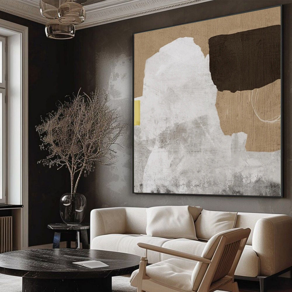 Square Handmade Abstract Oil Painting – Wabi-Sabi Neutral Impasto Canvas, wall art, front view, with calming Nordic