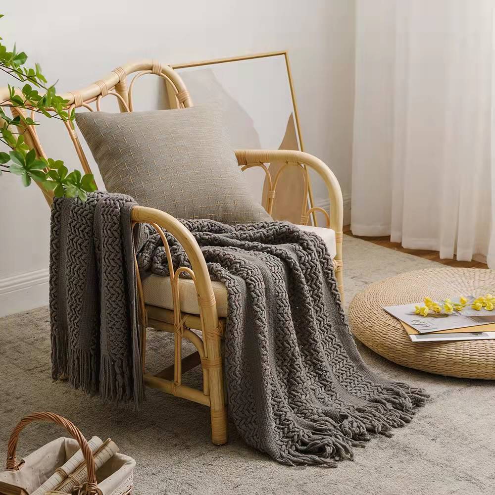 Chunky Cable Knit Chenille Throw | Japandi Tassel Sofa Blanket, blankets & throws, detail view, embracing wabi-sabi natural