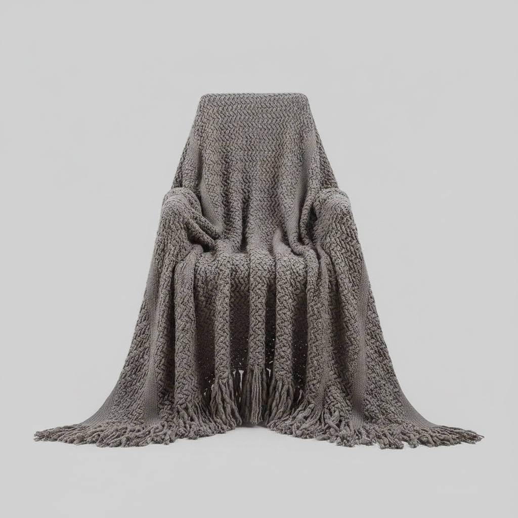Chunky Cable Knit Chenille Throw | Japandi Tassel Sofa Blanket, blankets & throws, lifestyle view, blending Scandinavian and