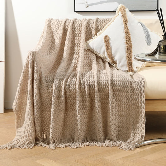 Waffle Knit Tassel Throw | Japandi Open-Weave Sofa Blanket, blankets & throws, crafted in a warm Japandi minimalist style