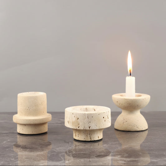 Travertine Stone Candle Holder | Japandi Natural Limestone Pillar Holder, candle holders, crafted in a warm Japandi