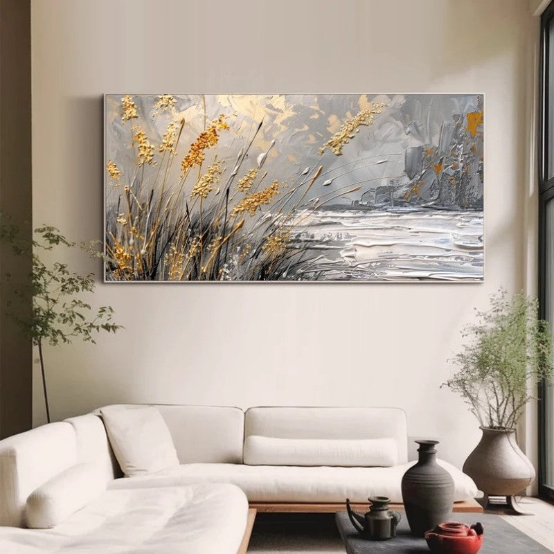 Golden Reeds at Dusk – Handmade Impasto Landscape Oil Painting, Panoramic Canvas, wall art, crafted in a warm Japandi