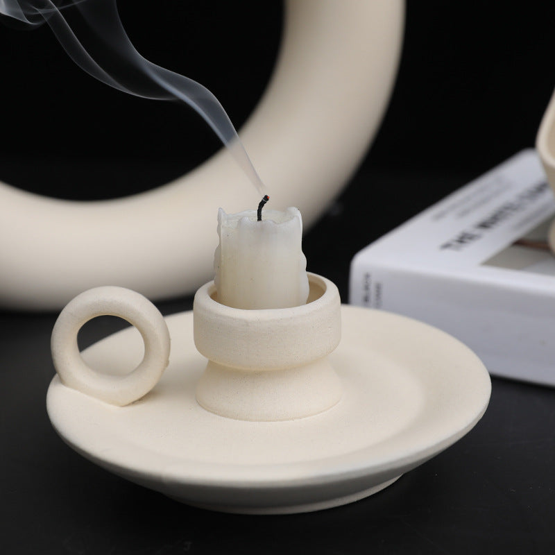 Frosted Ceramic Candle Holder | Japandi Sculptural Taper & Pillar Holder, candle holders, front view, with calming Nordic