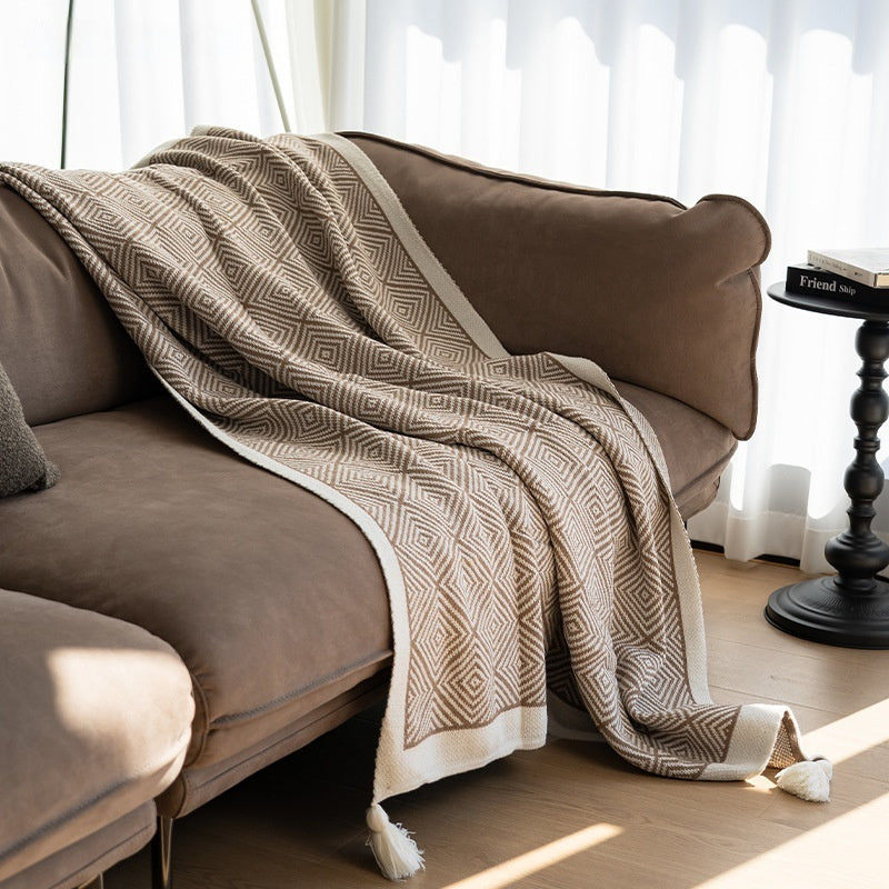 Multi-Pattern Knit Throw Blanket | Japandi Tassel Sofa Blanket, blankets & throws, detail view, embracing wabi-sabi natural
