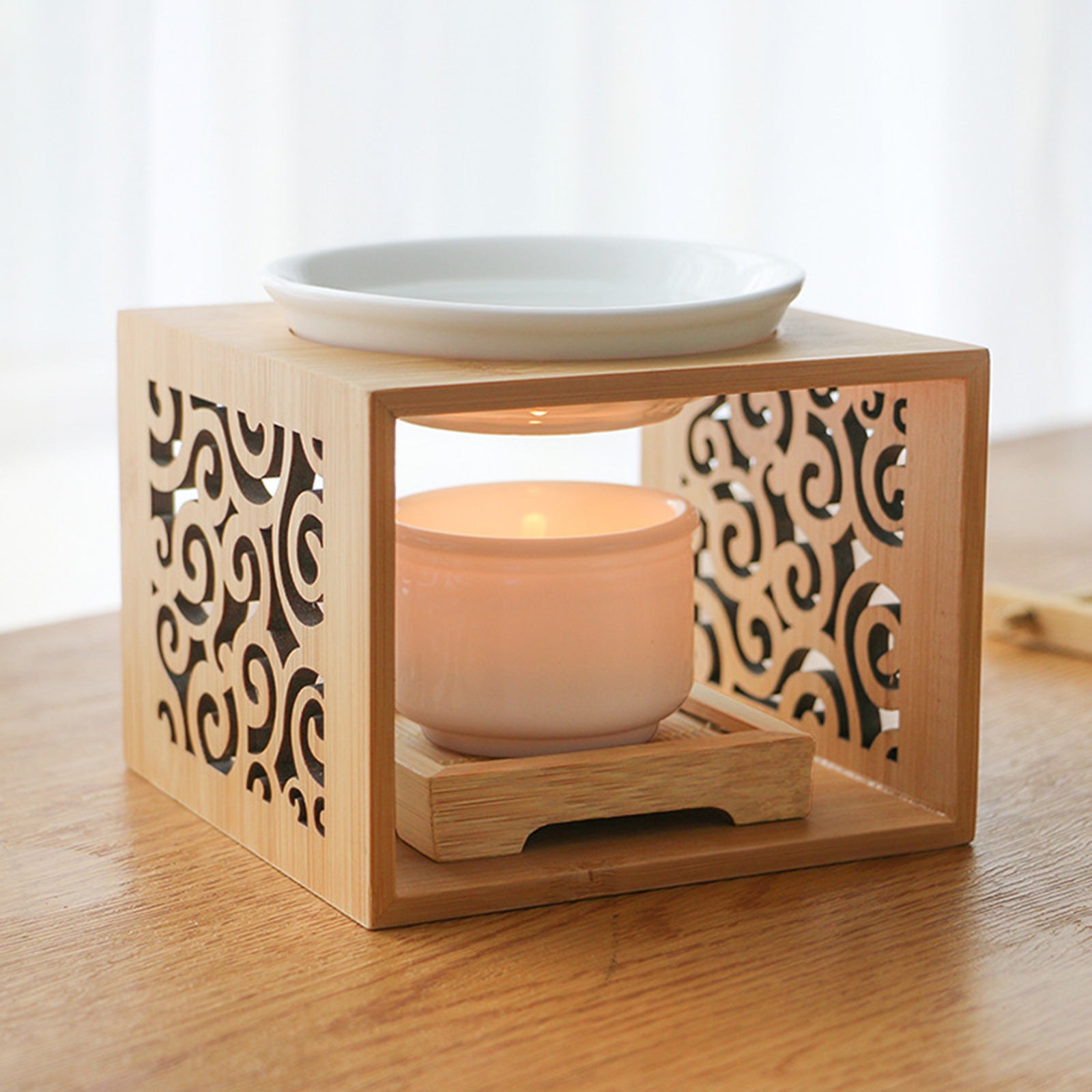 Bamboo Wax & Oil Warmer | Japandi Carved Aromatherapy Burner, candle holders, front view, with calming Nordic simplicity