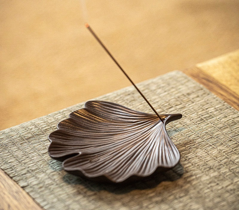 Ginkgo Leaf Ceramic Incense Tray | Japandi Ritual Home Fragrance, incense burners, detail view, embracing wabi-sabi natural