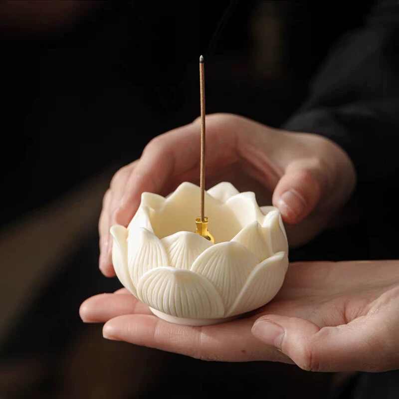 Lotus Ivory Nut Incense Holder | Japandi Ritual Home Fragrance, incense burners, front view, with calming Nordic simplicity