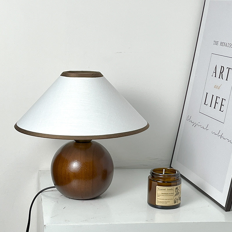 Walnut Sphere Table Lamp – Conical Fabric Shade Retro Bedside Light, night lights, front view, with calming Nordic simplicity