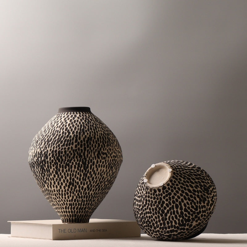 Hand-Painted Spotted Ceramic Vase | Wabi-Sabi Monochrome Statement Piece, vases & vessels, lifestyle view, blending