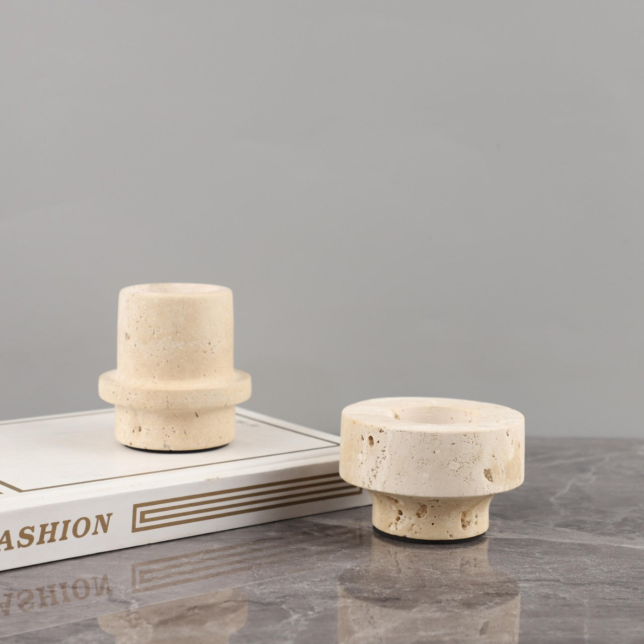 Travertine Stone Candle Holder | Japandi Natural Limestone Pillar Holder, candle holders, detail view, embracing wabi-sabi