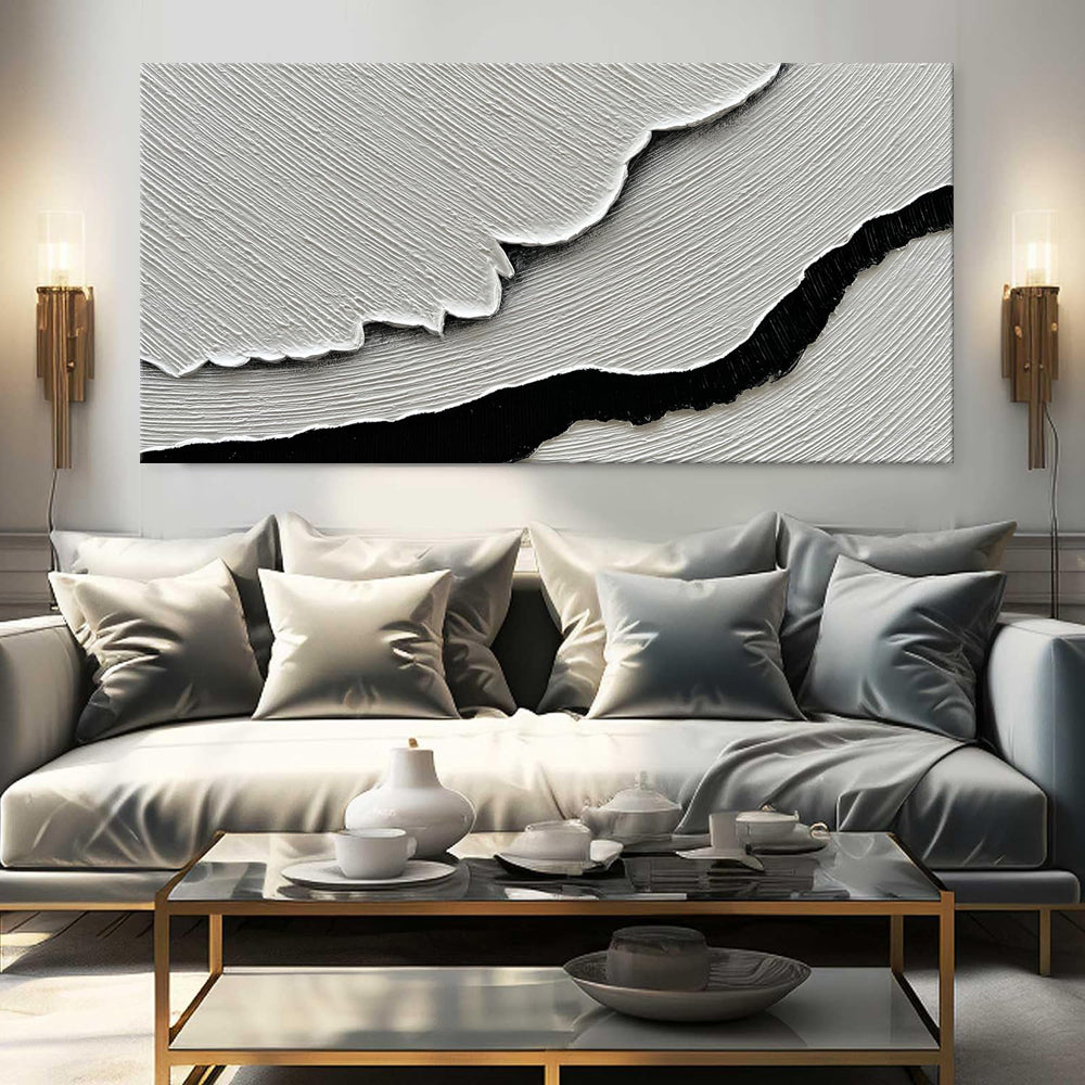 Black & White Ocean Wave Impasto Oil Painting – Textured Monochrome Sea Canvas, wall art, detail view, embracing wabi-sabi