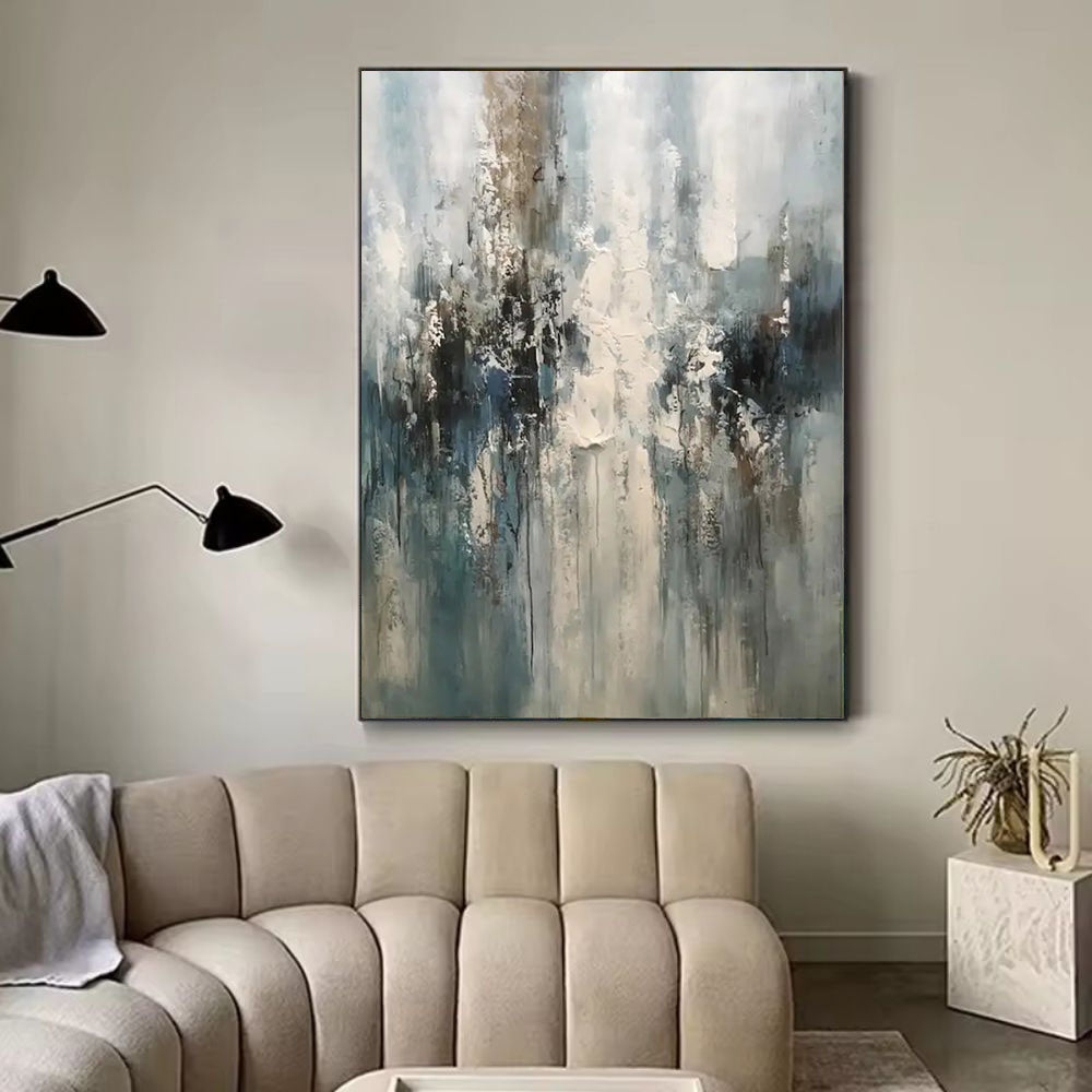 Rising Light Abstract Impasto Oil Painting – Gold & Teal Vertical Textured Canvas, wall art, front view, with calming Nordic